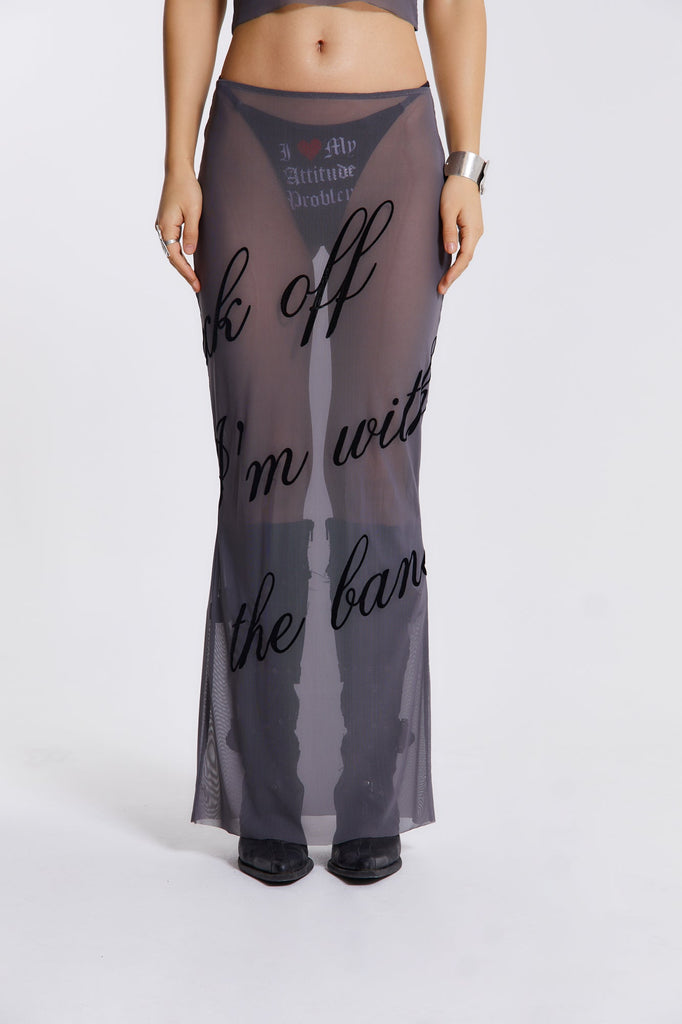 Female model wearing Our grey lightweight mesh maxi skirt features an “I’m with the band” black flock placement print. Paired with the matching mesh t-shirt. 