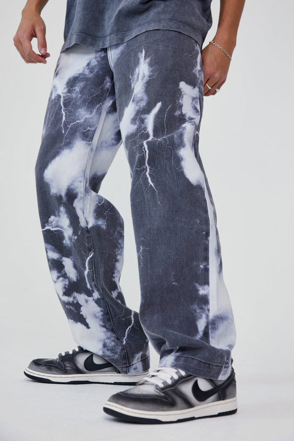 Black & White Lightning Cloud Print Skate Jeans