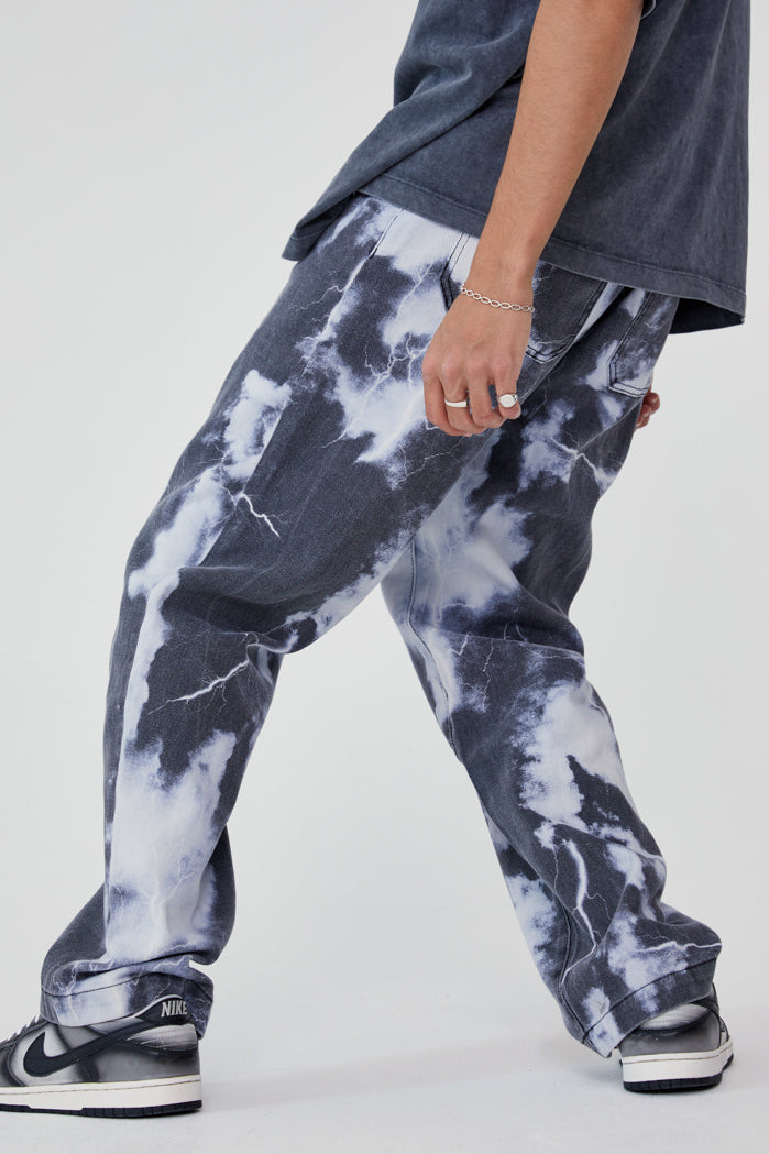 Black & White Lightning Cloud Print Skate Jeans