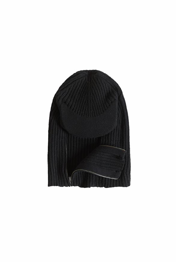 Black knitted balaclava with peak and zip up detail. 