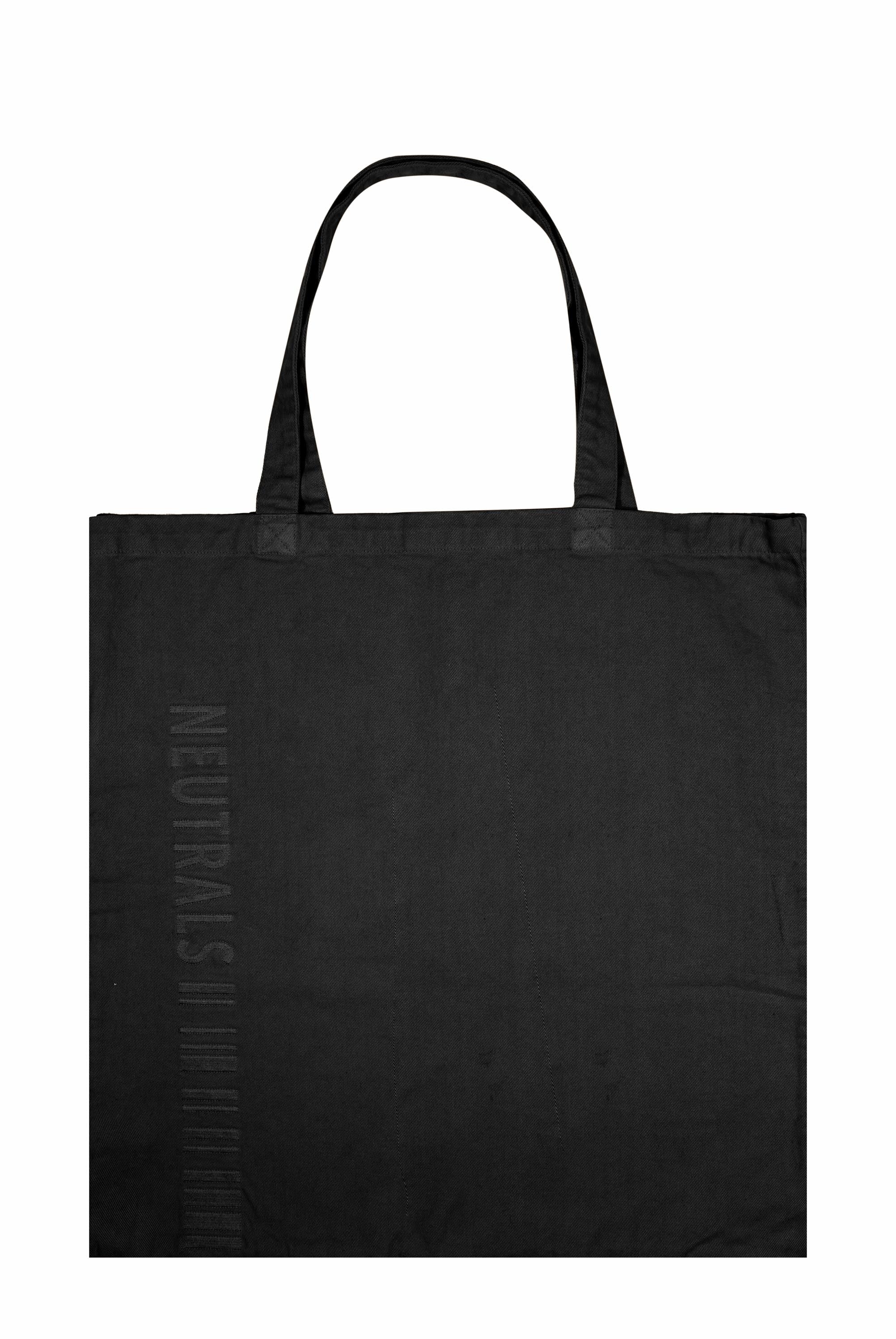 Dust black extreme oversized tote bag with embroidered branding detail. 