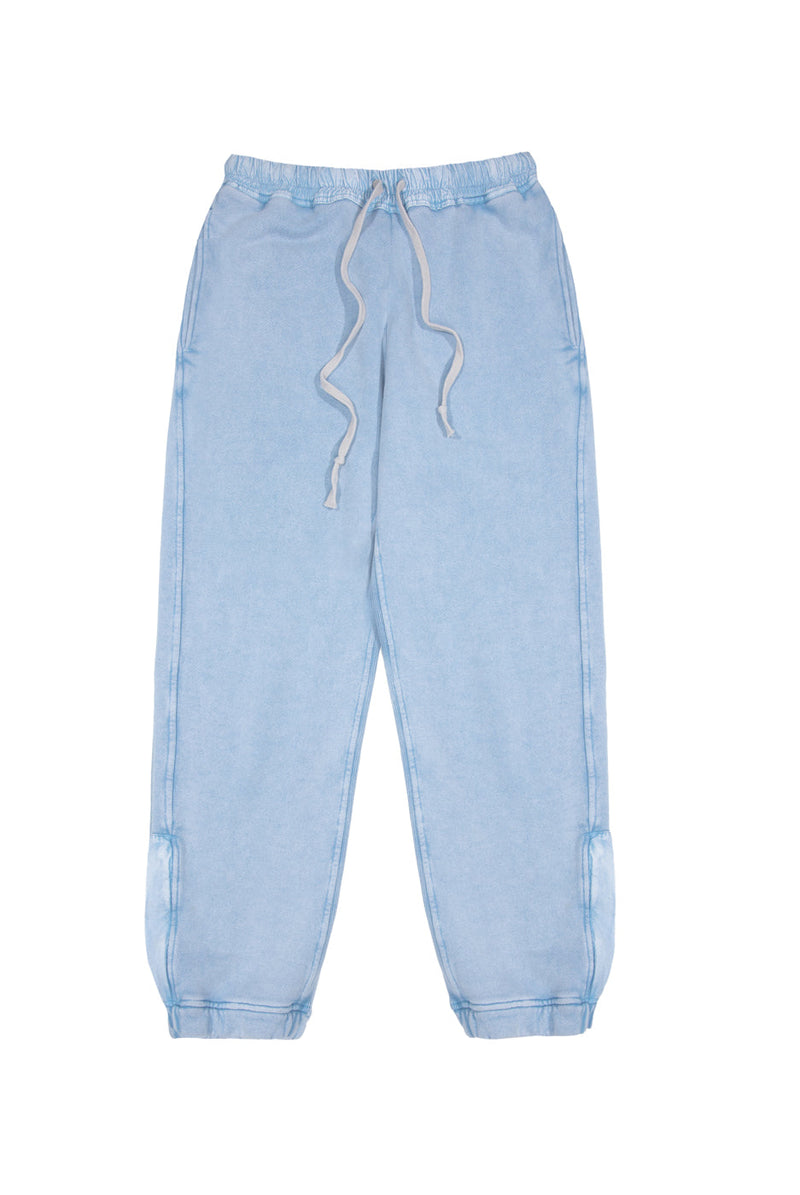 Powder blue cuffed joggers with drawstring waistband. 