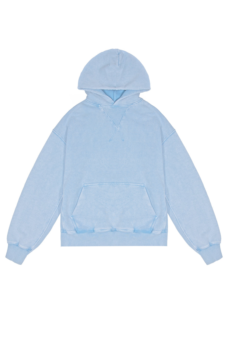 Powder blue oversized hoodie with kangaroo pocket.