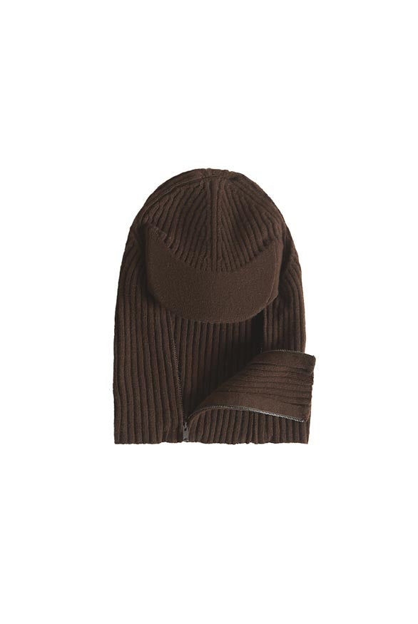 Brown knitted balaclava with peak and zip up detail. 