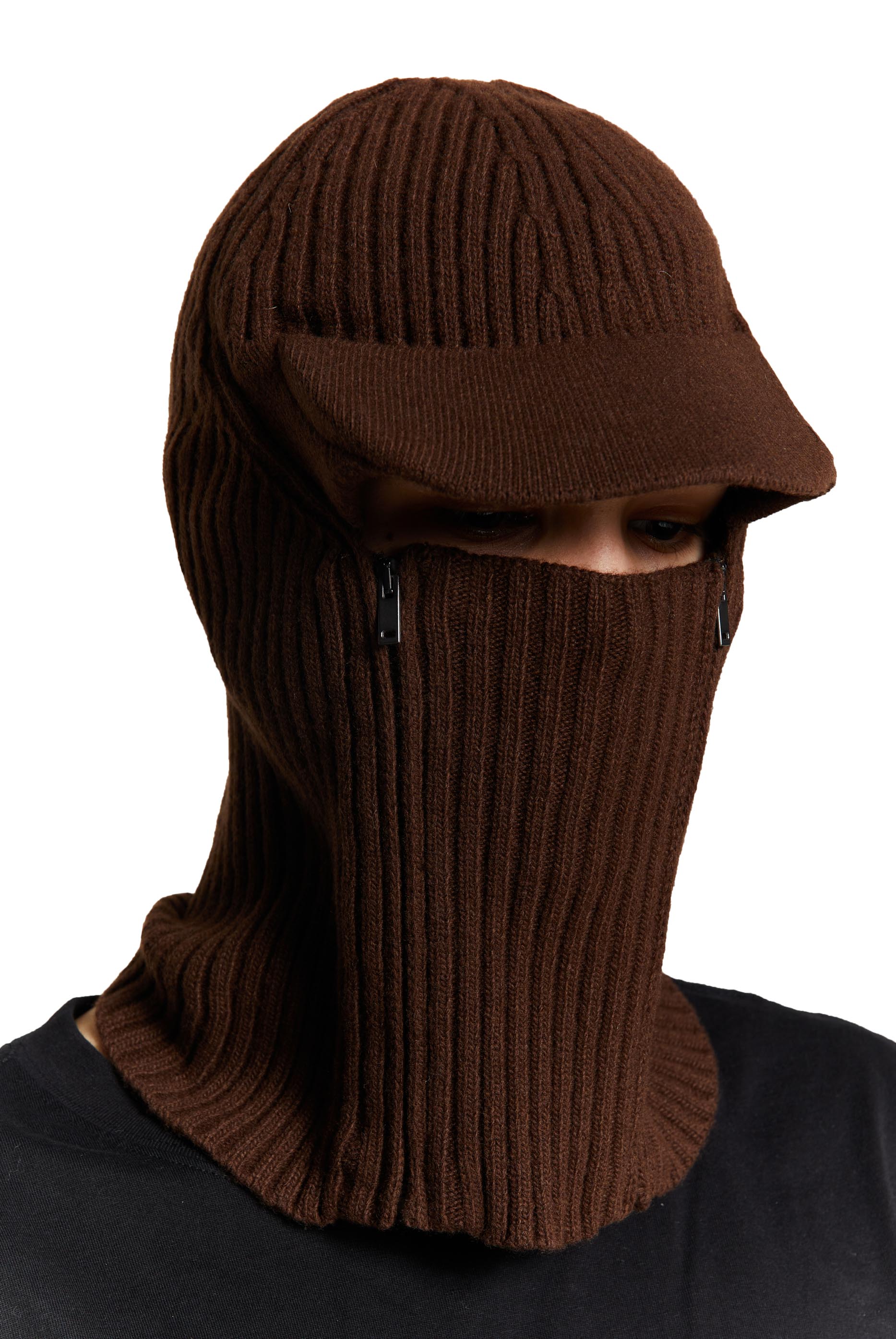 Brown knitted balaclava with peak and zip up detail. 