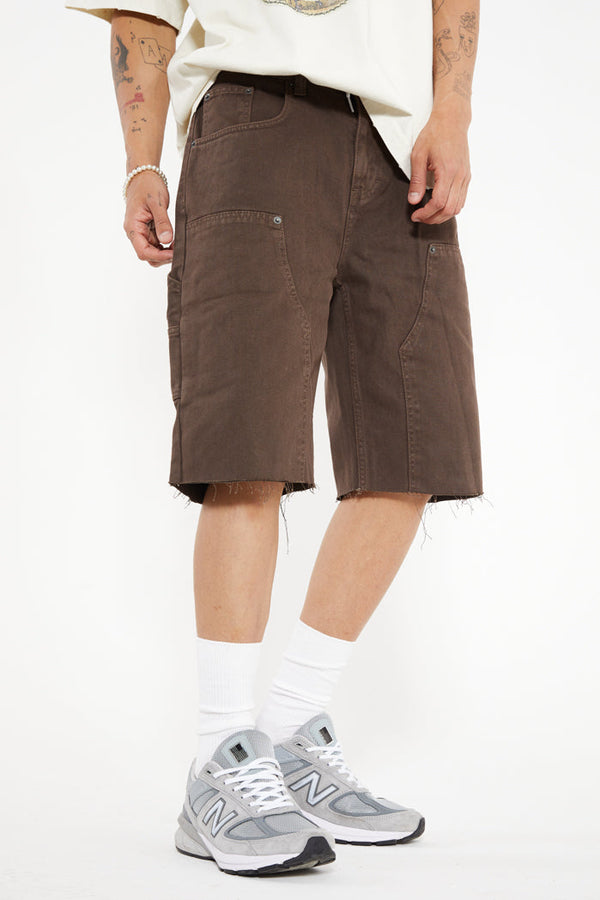Brown Washed Denim Carpenter Shorts