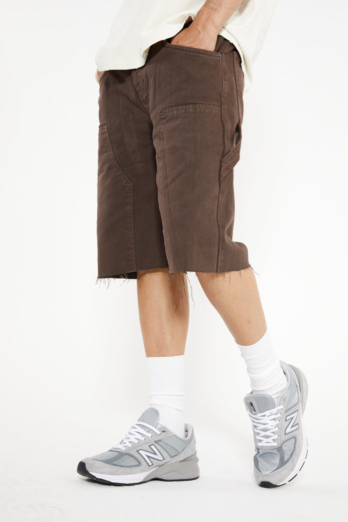 Brown Washed Denim Carpenter Shorts