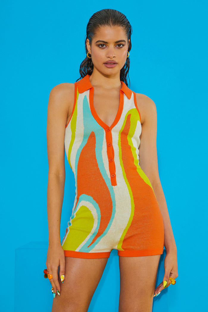 Abstract Art Knit Sleeveless Intarsia Knitted Romper