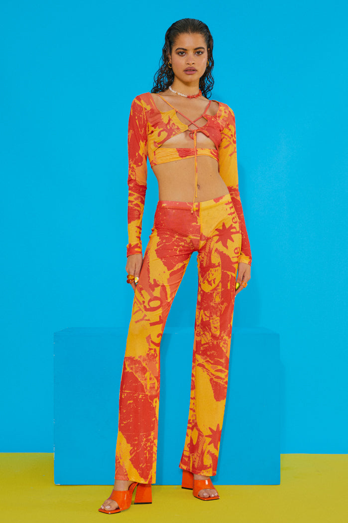 Orange Tonal Ripped Magazine Print Mesh Long Sleeve Crop Top