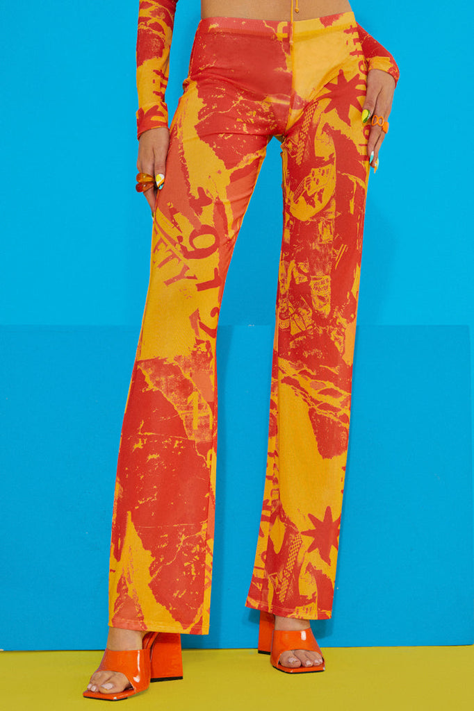 Orange Tonal Ripped Magazine Print Mesh Trousers