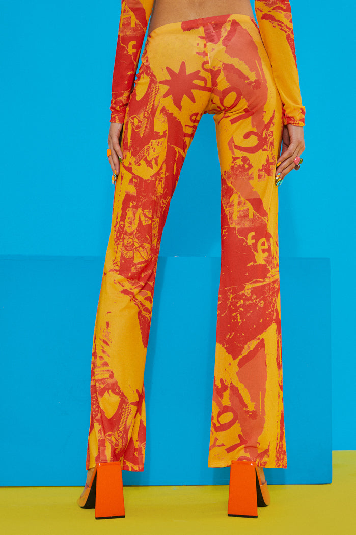 Orange Tonal Ripped Magazine Print Mesh Trousers