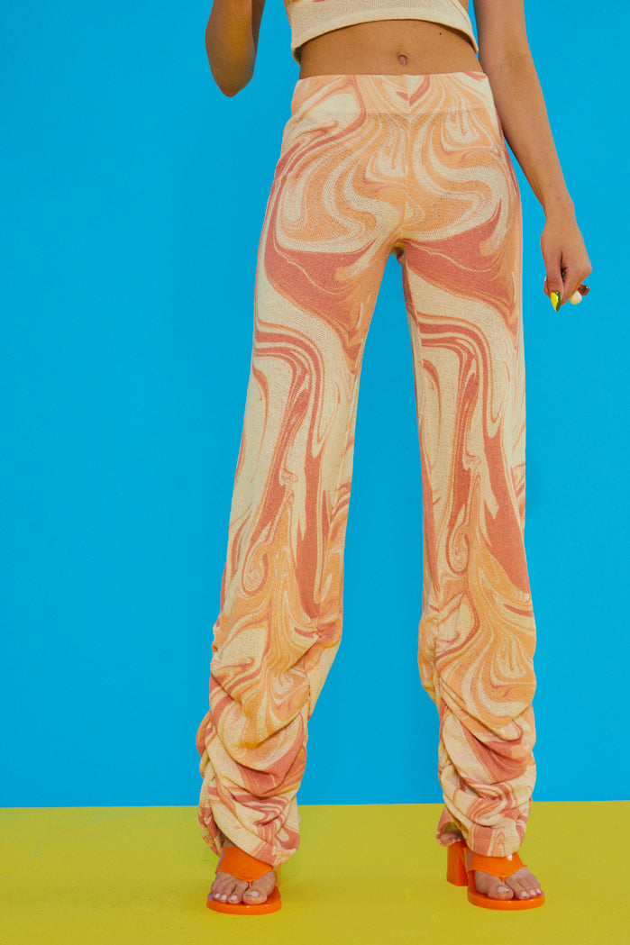 Orange Swirl Ruched Hem Printed Knit Joggers