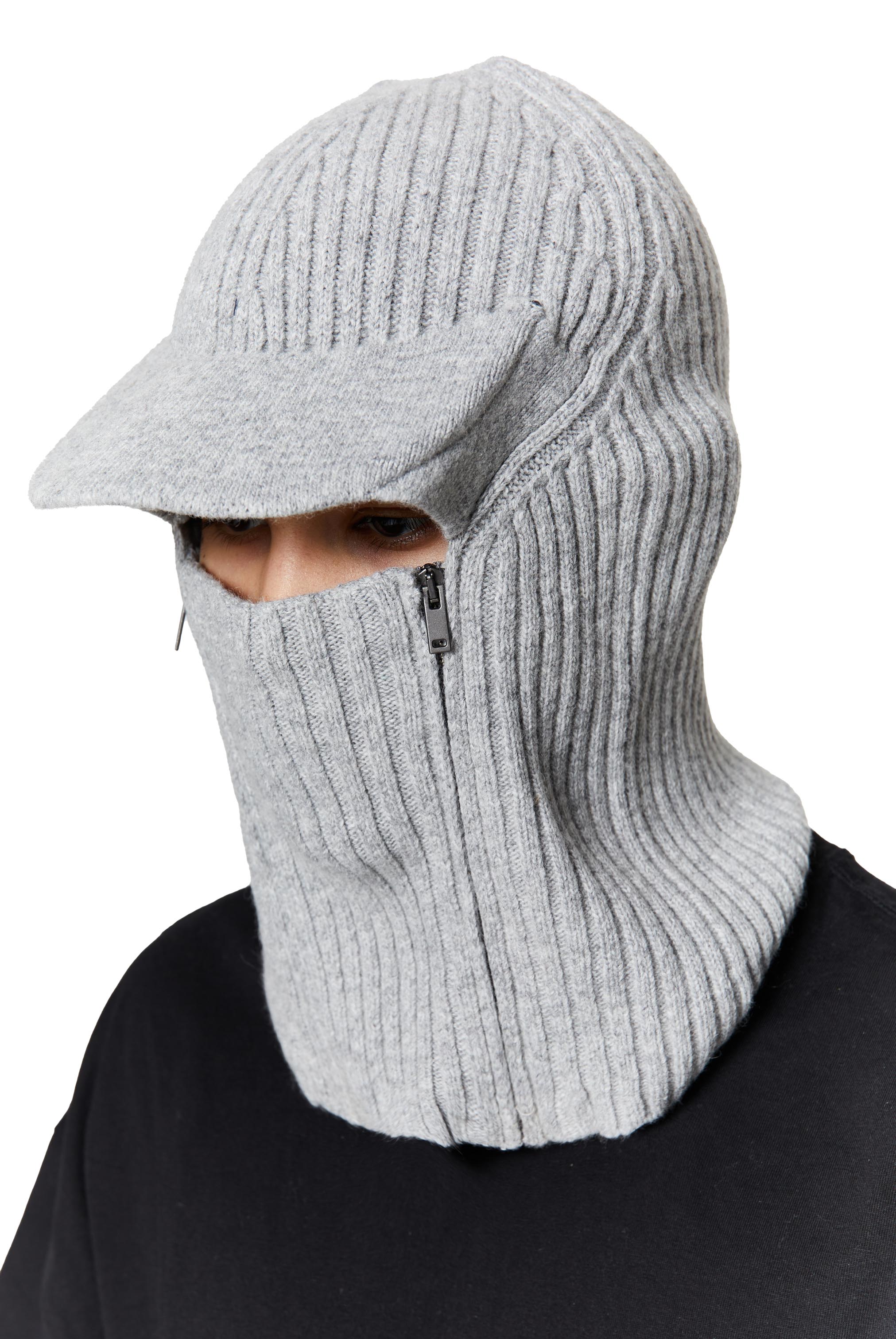 Light grey knitted balaclava with peak and zip up detail. 