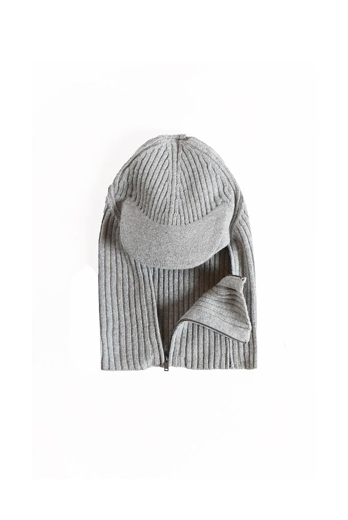 Light grey knitted balaclava with peak and zip up detail. 