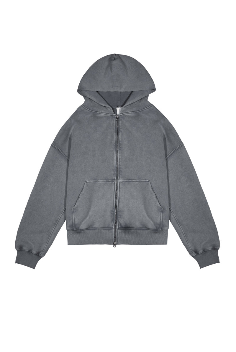 Chrome grey oversized zip up hoodie. Styled with the matching joggers.