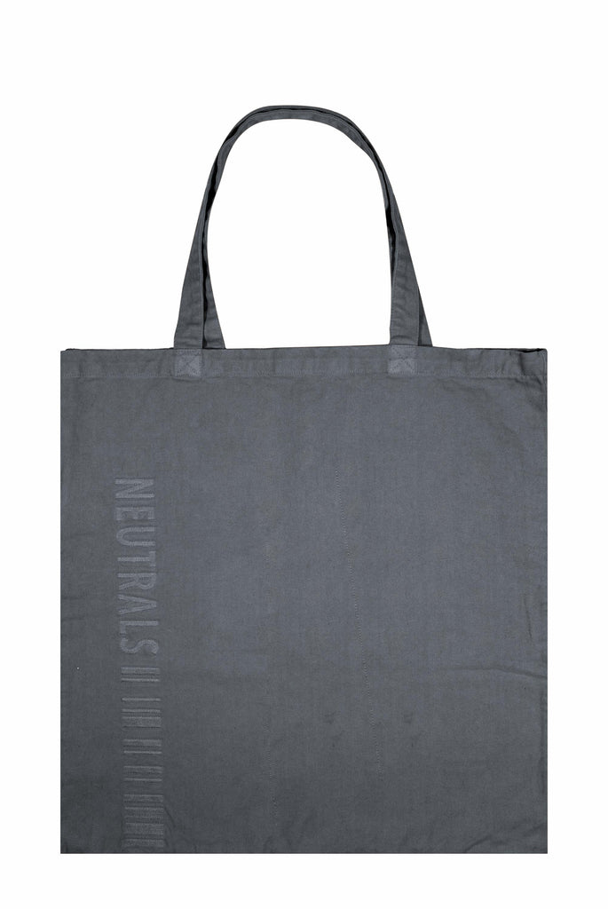 Chrome grey extreme oversized tote bag with embroidered branding detail. 