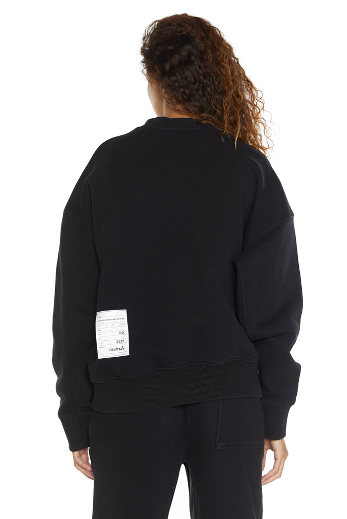 Dust black crew neck oversized sweatshirt with ribbed detailing. Styled with matching joggers. 