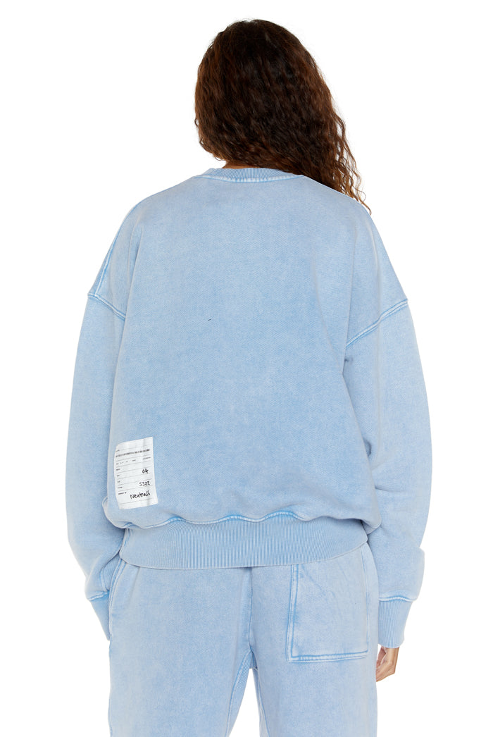 Powder blue oversized crew neck sweatshirt, styled with matching cuffed joggers. 