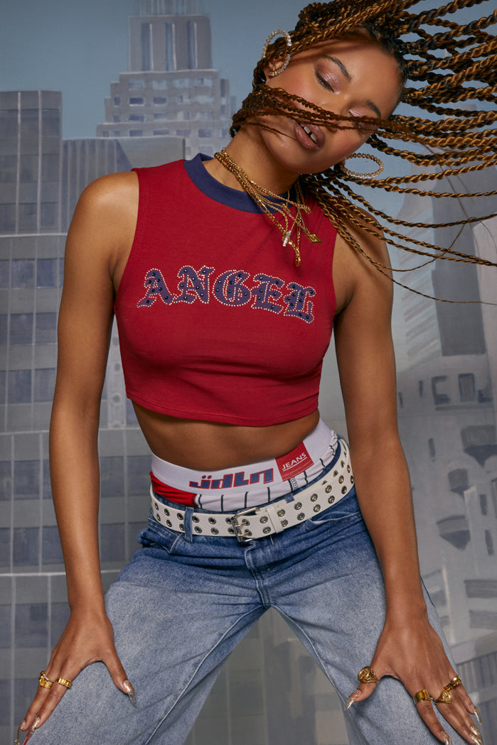 Sleeveless 90's 'Angel' Slogan Tee with Rhinestone