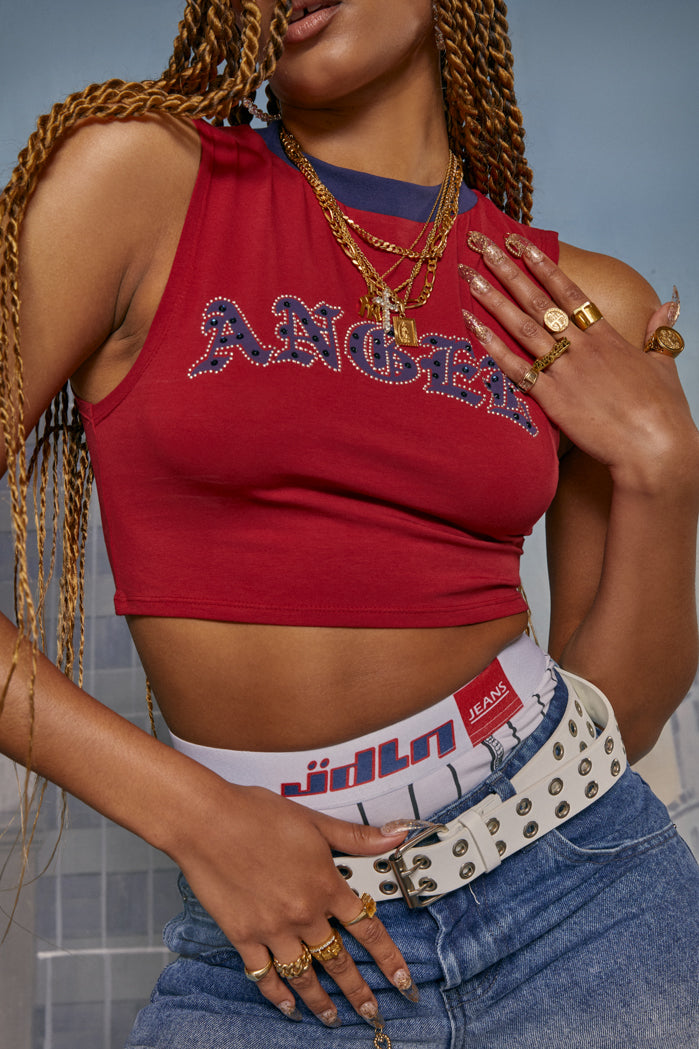 Sleeveless 90's 'Angel' Slogan Tee with Rhinestone