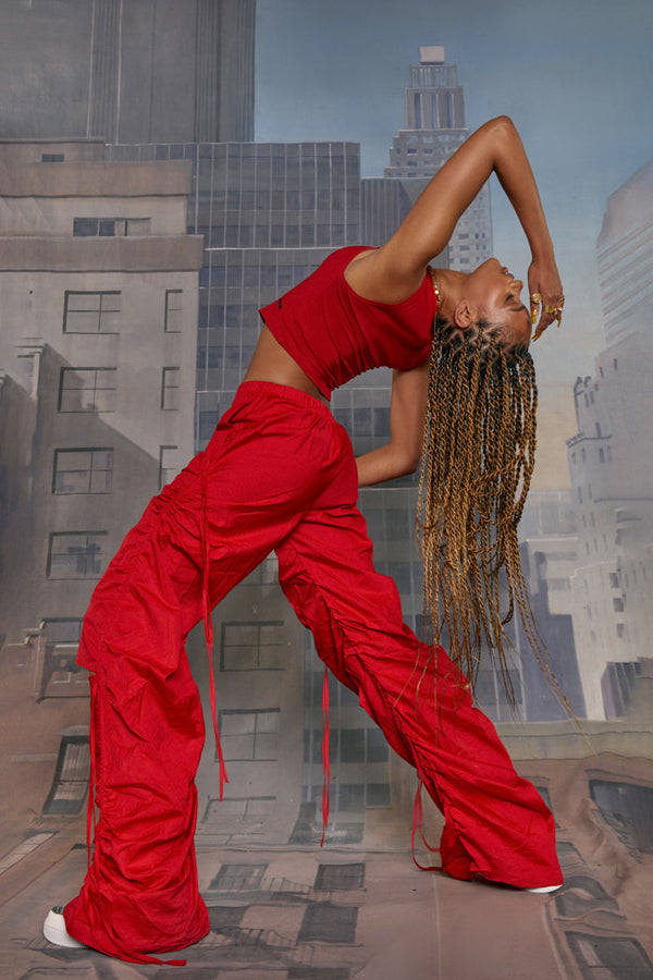 Red Cotton Wide Leg Cargo Trouser With Cut Out, Ruched Detail