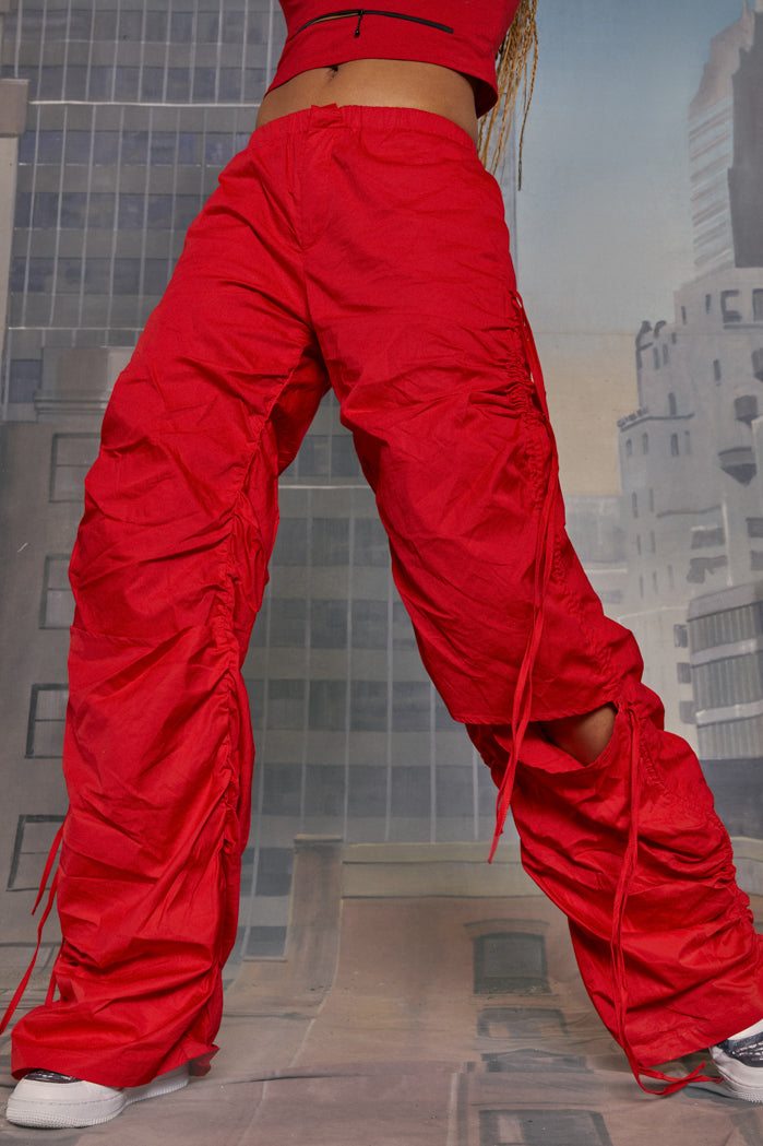 Red Cotton Wide Leg Cargo Trouser With Cut Out, Ruched Detail