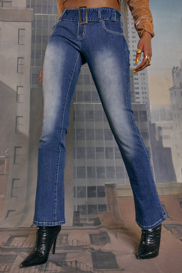 Low Rise Stretch Denim Bootcut Jeans With Tattoo Print
