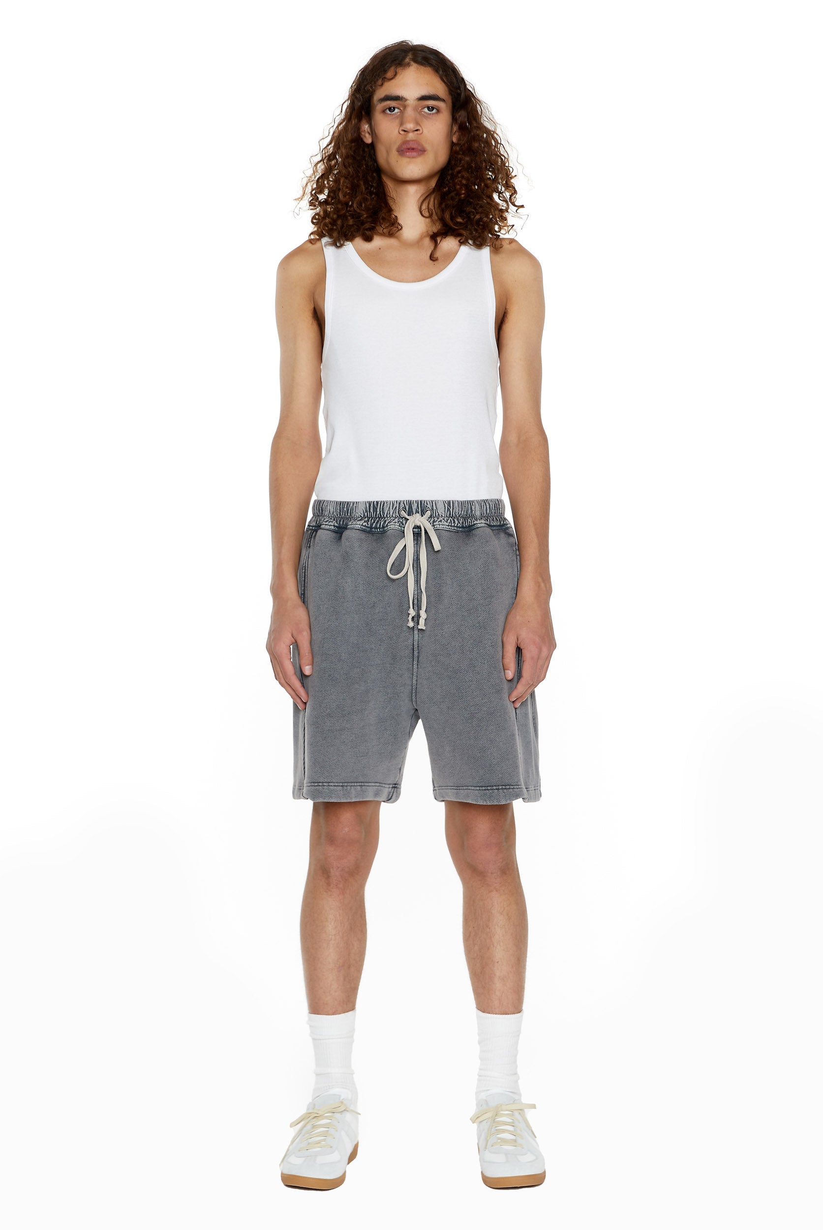 Chrome grey relaxed fit shorts with drawstring waistband detail. 