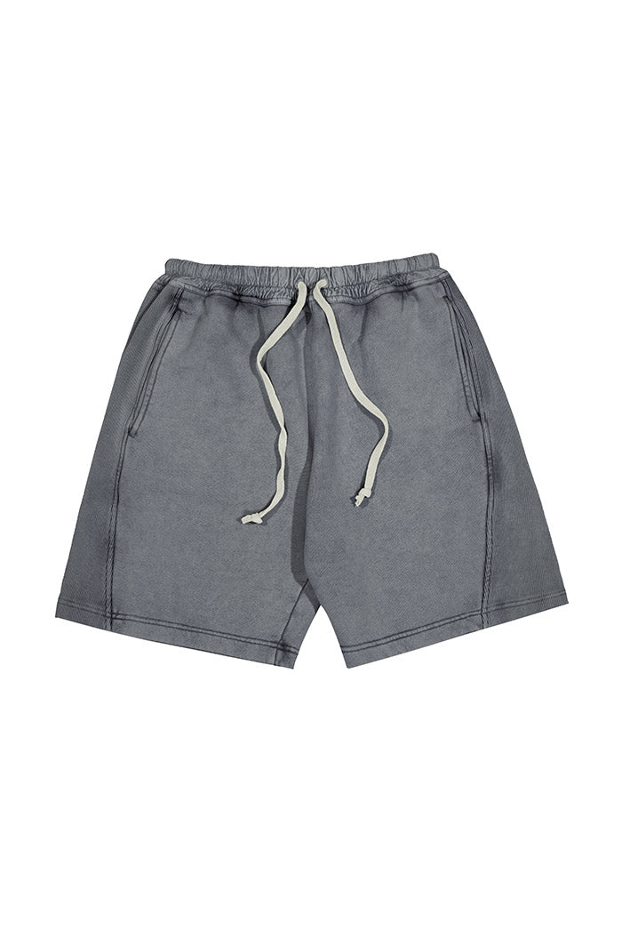 Chrome grey relaxed fit shorts with drawstring waistband detail. 