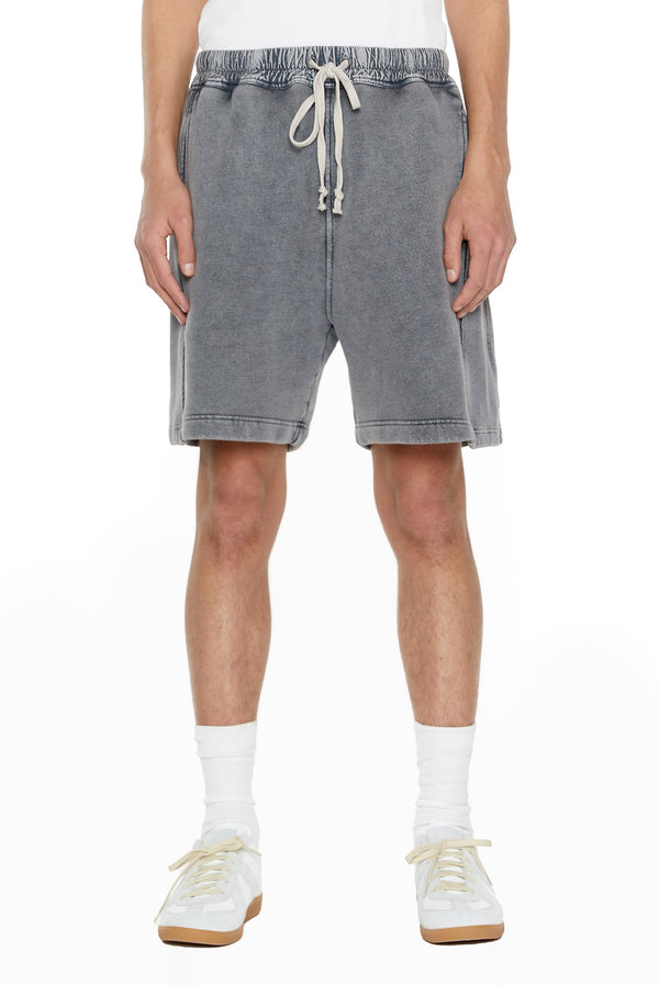 Chrome grey relaxed fit shorts with drawstring waistband detail. 