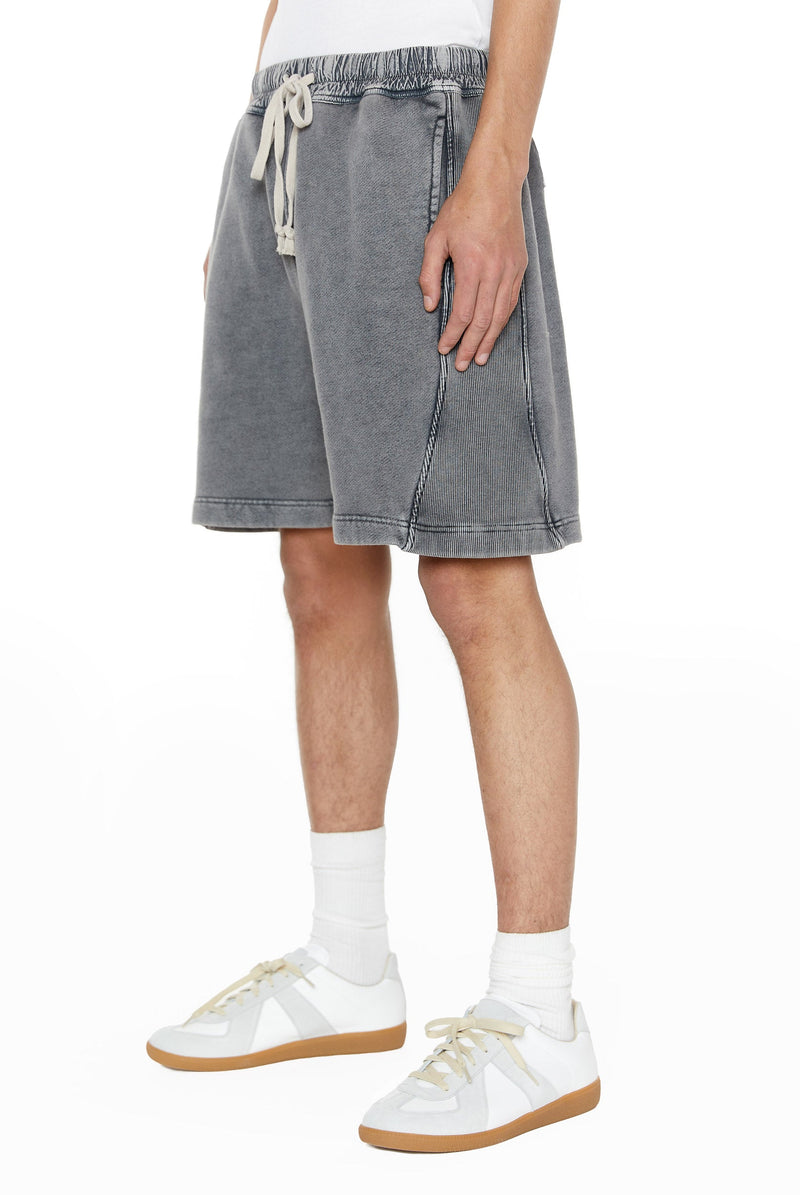 Chrome grey relaxed fit shorts with drawstring waistband detail. 