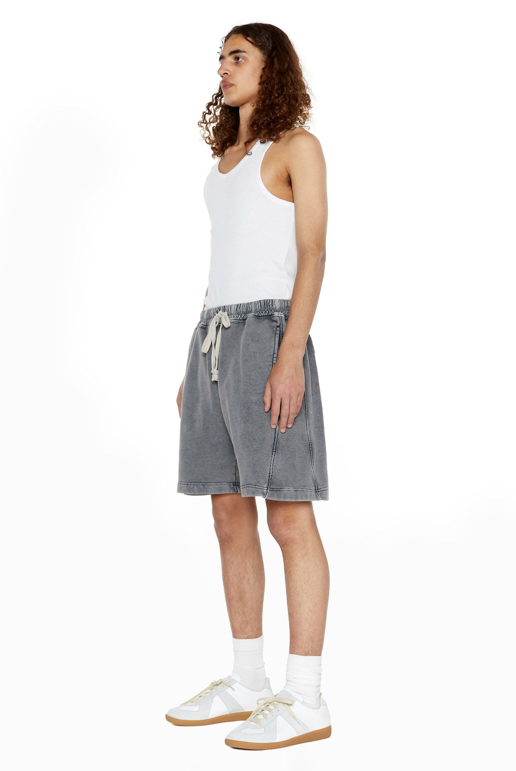 Chrome grey relaxed fit shorts with drawstring waistband detail. 