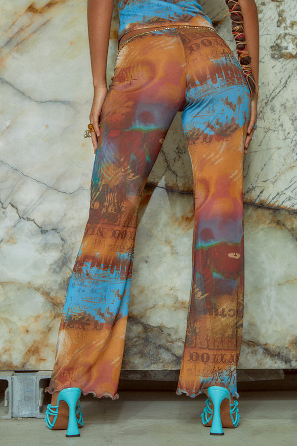 Heatmap Print Mesh Trousers with Extra Long Waist Binding Detail
