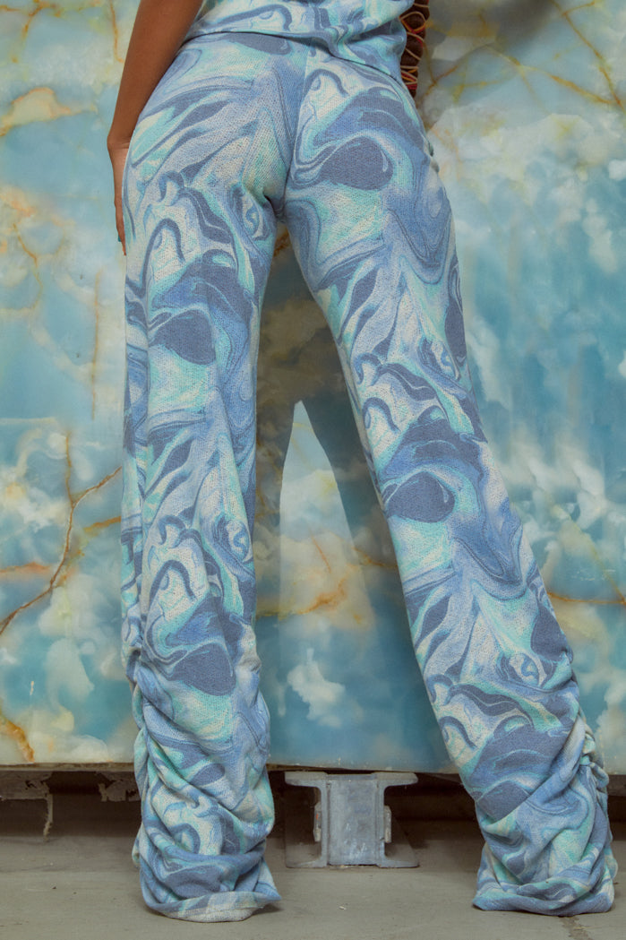 Blue Marble Print Ruched Hem Printed Knit Joggers