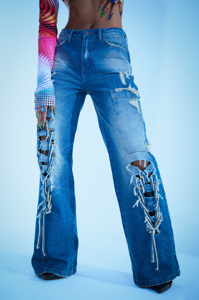 Indigo Wash Macrame Lace Up Baggy Jeans