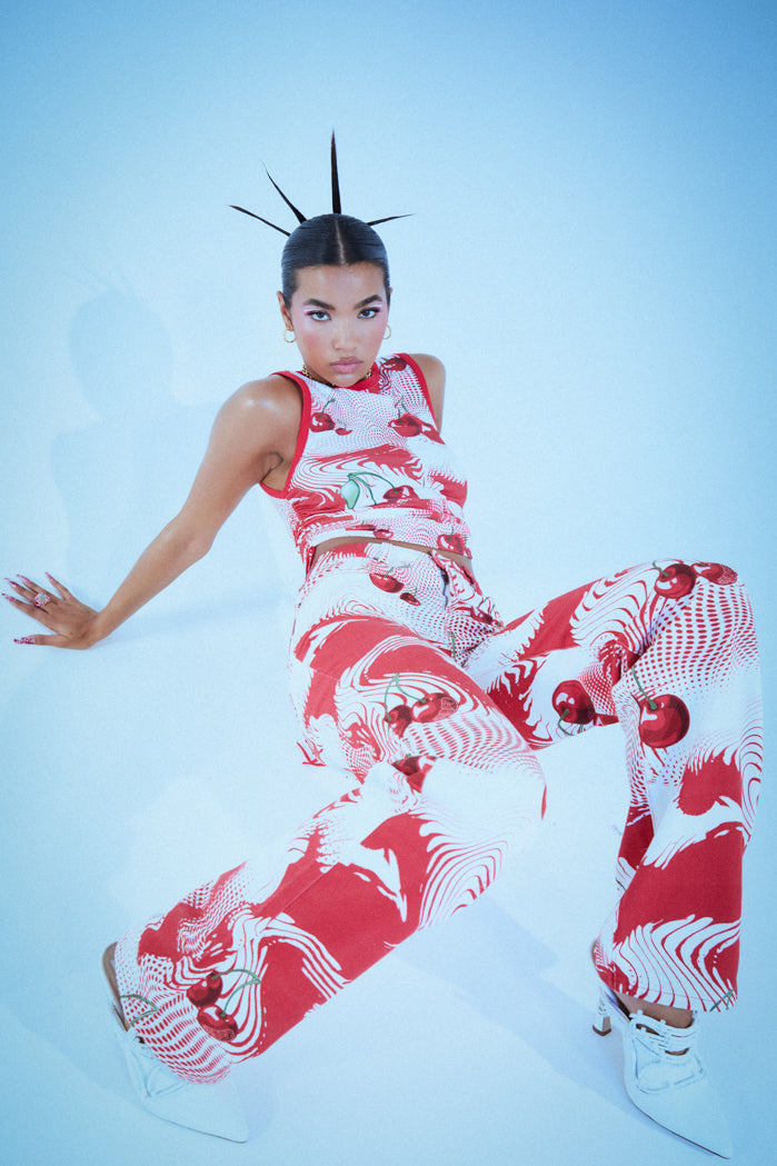 Cherry Swirl Print Ruched Side Tank Top