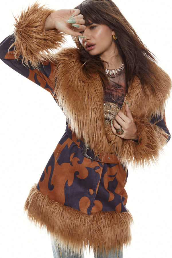 Western printed afghan style coat with belt and brown faux fur detail.