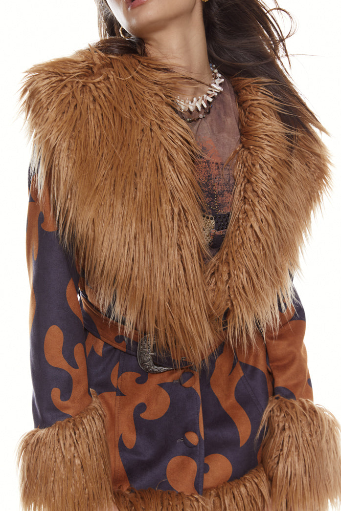 Western printed afghan style coat with belt and brown faux fur detail.