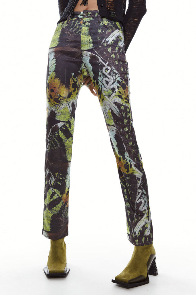 Satin jean style trousers in a mixed butterfly print