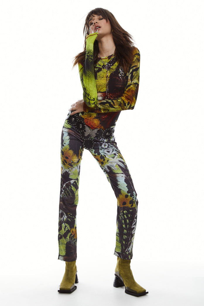 Satin jean style trousers in a mixed butterfly print 