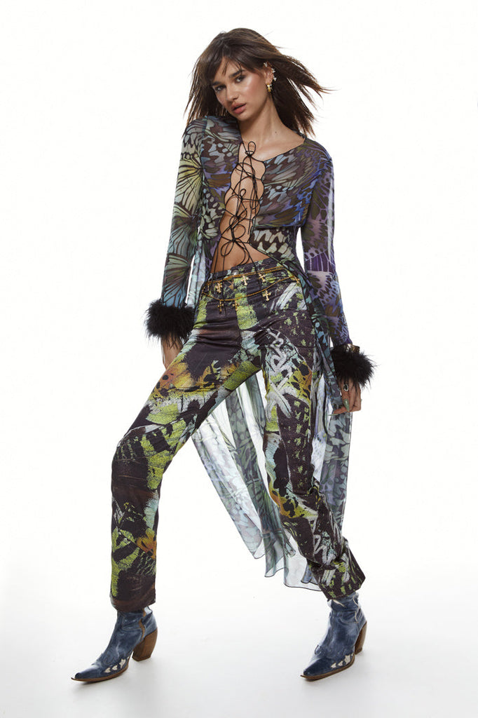 Green butterfly wing print lace up front duster jacket in lightweight chiffon fabric with detachable black feather cuffs. 