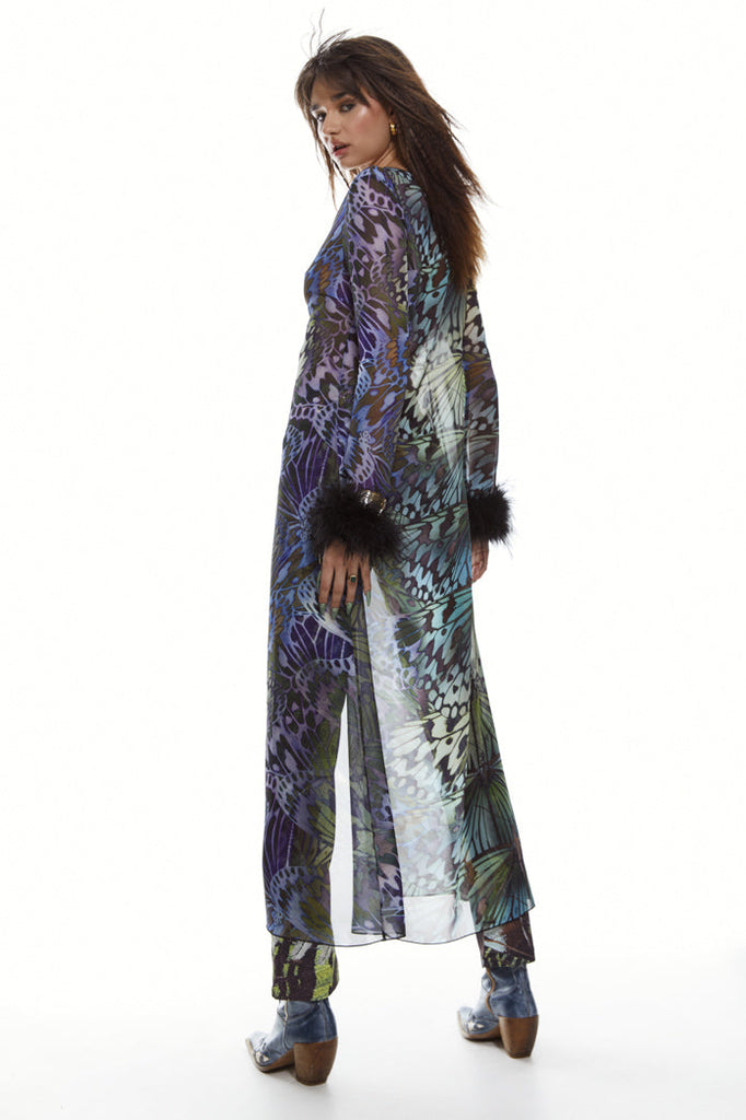 Green butterfly wing print lace up front duster jacket in lightweight chiffon fabric with detachable black feather cuffs.