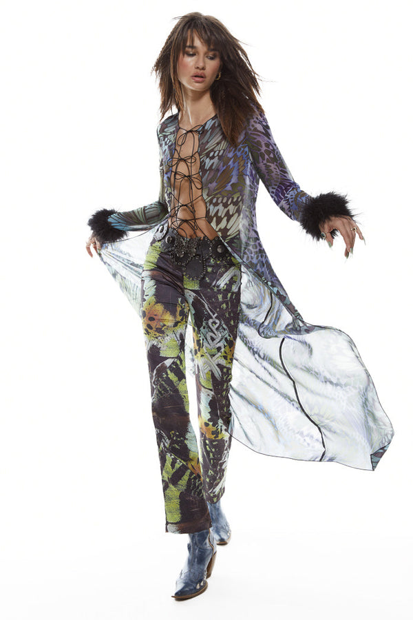 Green butterfly wing print lace up front duster jacket in lightweight chiffon fabric with detachable black feather cuffs.