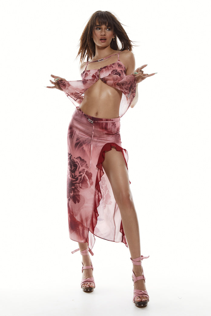 Pink satin midi skirt with thigh high split detail and detachable rhinestone belt. Styled with the matching cami top.