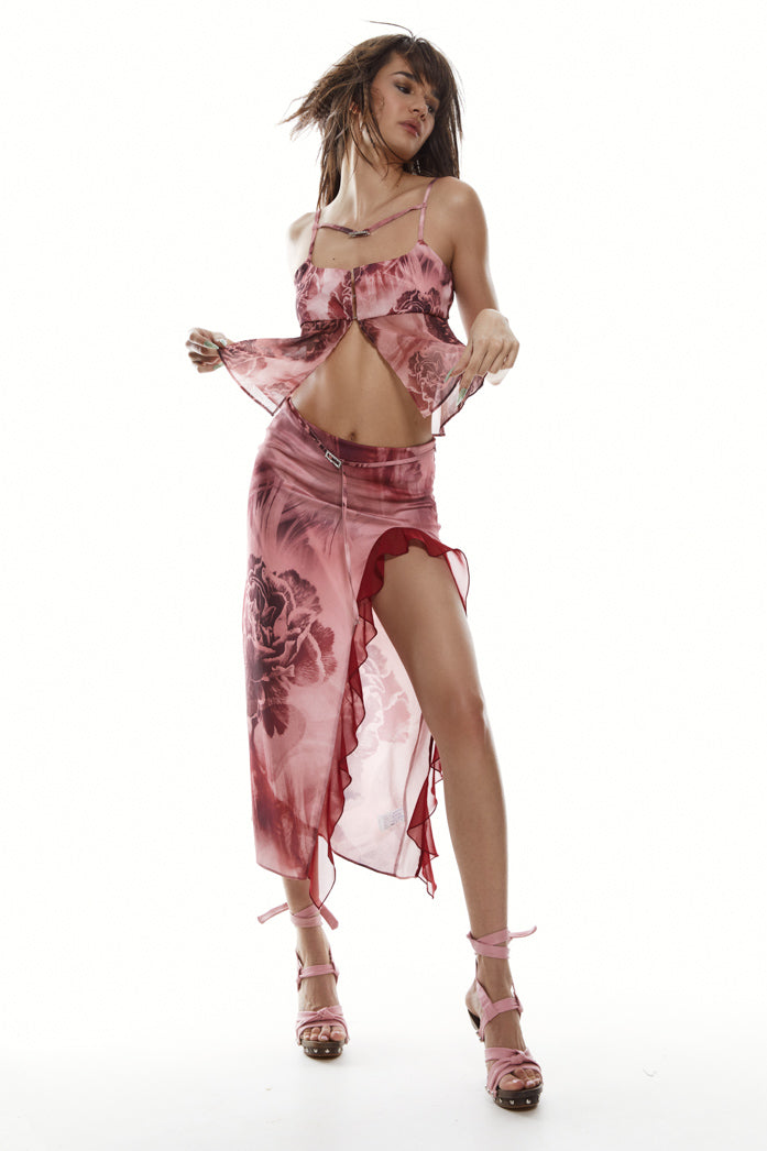 Pink satin midi skirt with thigh high split detail and detachable rhinestone belt. Styled with the matching cami top.