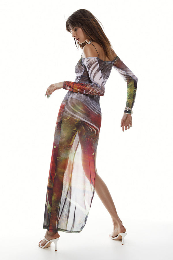 Off the shoulder grunge illusion print semi-sheer maxi dress with thigh high split detail.