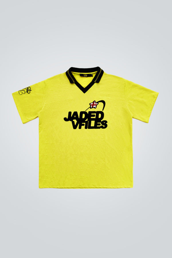 Yellow jacquard argyll short sleeve football shirt with Jaded x VFiles logo. 
